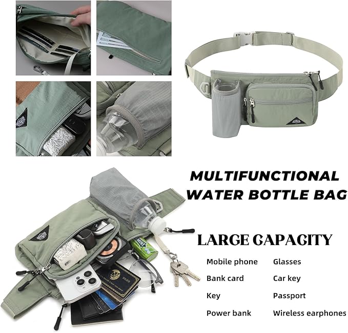 Waist Pack with Water Bottle Holder for Men Women Waist Bag Running Waist Pack Waterproof for Outdoor Travel Cycling Climbing Walking Fit All Phones (Bottle Not Included) (Mint Green)