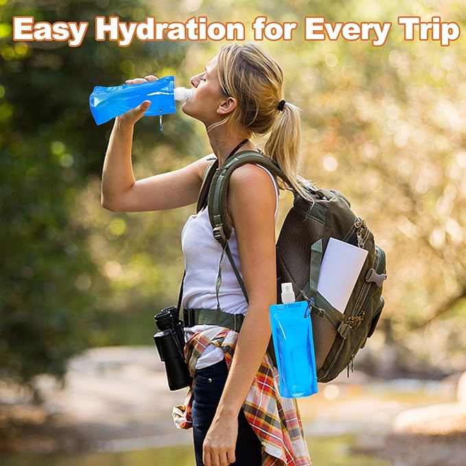 10 Pcs Collapsible Foldable Water Bottle 480ml, Leak Proof with Carabiner, BPA Free, Reusable Drinking Bags for Travel, Gym, Camping, Hiking