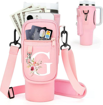 Initial Water Bottle Holder with Strap for Stanley 40 oz Tumbler/Simple Modern 40 oz Tumbler,Water Bottle Carrier Bag with Strap,Personalized A-Z Phone Pocket for Stanley Cup Accessories