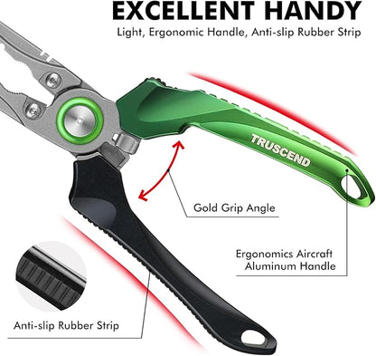 TRUSCEND Lockable Handy Fishing Pliers with Innovative Ergonomic Handle, Saltwater Corrosion Resistant Teflon Coated Fishing Tool, Multi-Function Fishing Gear with Mo-V Cutter