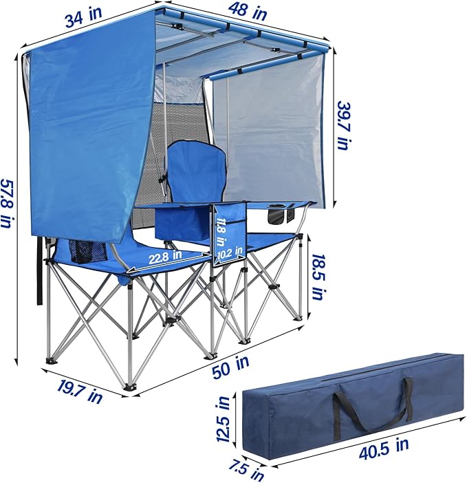 Double Beach Chair with Canopy Shade,Heavy Duty Camping Chair for Aduls,Folding Beach Chair with Cup Holder Cooler Bag for Sports Beach Outside（Blue）