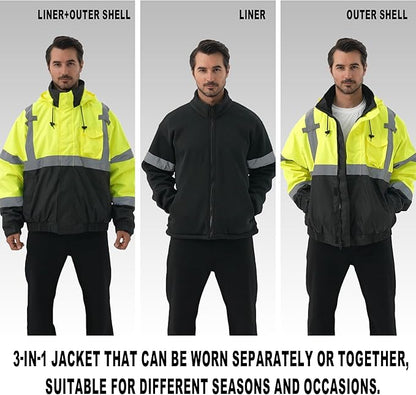 3 in 1 Safety jacket,Reflective high Visibility Hooded jacket,Hi Vis Bomber Jacket shell and fleece lining,Waterproof,ANSI Class 3 Black Bottom Lime,4XL