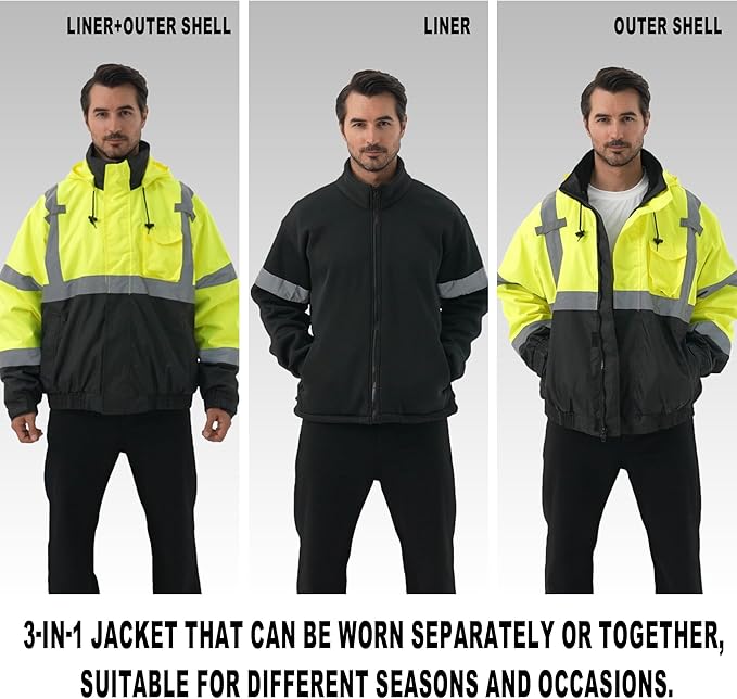 3 in 1 Safety jacket,Reflective high Visibility Hooded jacket,Hi Vis Bomber Jacket shell and fleece lining,Waterproof,ANSI Class 3 Black Bottom Lime,XL