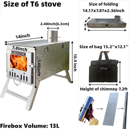 DANCHEL OUTDOOR T6 Ultralight Titanium Wood Stove for Camping Backpacking, 4.4lbs Folding Hot Tent Stove with 7.2ft Chimney Pipe, Easy Setup for 1 Person Winter Survival, Cooking