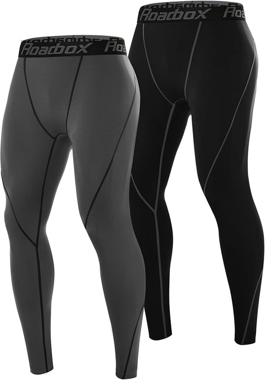 Roadbox 2 Pack Men's Compression Pants, Quick Dry Running Tights Workout Leggings, Athletic Base Layer for Gym Football Yoga