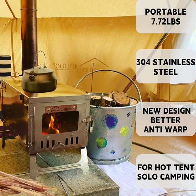 DANCHEL OUTDOOR S6/SSG Portable Folding Hot Tent Camping Stove, 304 Stainless Steel Small Tent Wood Stove with 7.2ft Pipe for Winter Survival,Cooking, Backpacking