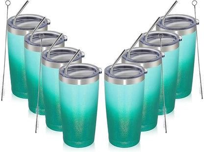 MEWAY 20oz Tumbler 8 Pack Double Wall Vacuum Insulated Travel Glitter Mug Bulk, Stainless Steel Tumblers with Lid and Straw, Powder Coated Coffee Cups for Woman(Gradient Green,Set of 8)