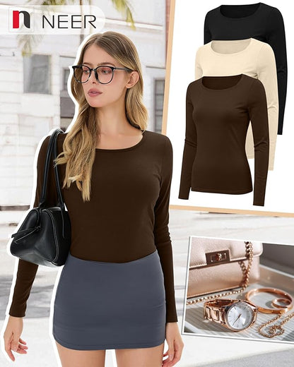 Neer 3 Pack Women's Thermal Shirts Long Sleeve Crew Neck Fleece Lined Undershirts Slim Fit Basic Tops Winter Base Layer