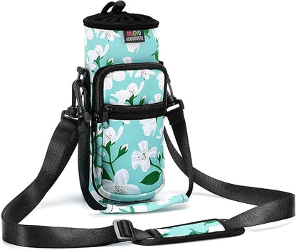 Nuovoware Water Bottle Carrier Bag,25oz/40oz/64oz Bottle Pouch Holder,Adjustable Shoulder Hand Strap 2 Pocket Sling Neoprene Sleeve Sports Accessories for Hiking Travelling Camping