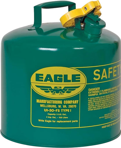 Eagle 5 Gallon Type I Green Safety Gas Can for Oil and Other Combustibles with Flame Arrester and Self-Closing Lid, Made in the USA, Galvanized Steel Flammable Storage Can, UI50SG