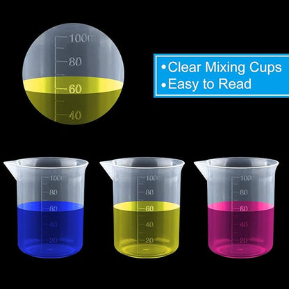 Coopay 12 Pack 100ml/3.4oz Plastic Beakers Epoxy Mixing Cups, Plastic Graduated Cups Clear Multipurpose Measuring Cups with 50 Pack Wooden Stirring Sticks for Resin, Epoxy, Stain, Mixing Paint