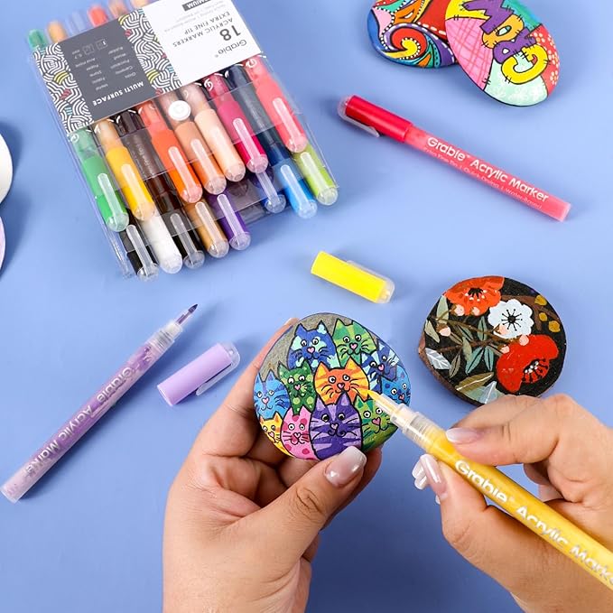 Grabie Acrylic Paint Pens Markers, 18 Colors, 0.7 mm, Extra Fine Tip Drawing Markers, Premium Paint Pens for Painting on Various Surface, Art Supplies
