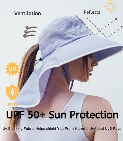 UV Sun Protection Hat Women Foldable Neck Flap Wide Brim Fishing Hat with Ponytail Hole for Women
