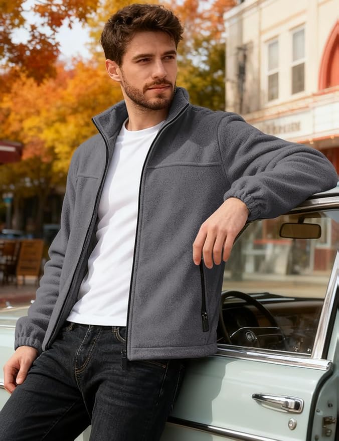 Mens Polar Fleece Jacket Full Zip Lightweight Casual Outdoor Jackets Stand Collar Warm Coats with Pockets