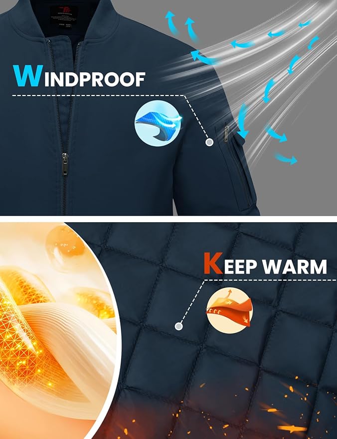 TBMPOY Men's Fall Jacket Winter Windbreaker Bomber Zip Up Padded Softshell Warm Windproof Casual Coat