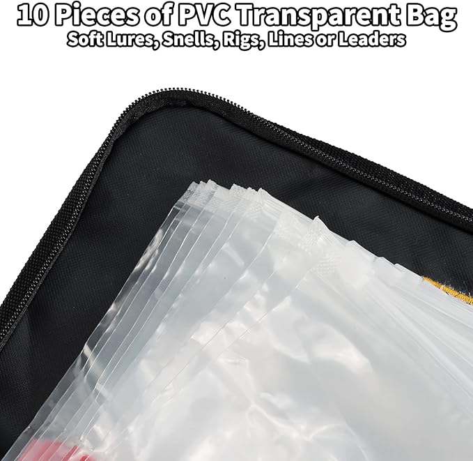 Dr.Fish Soft Bait Binder 10 Pieces PVC Bag Fishing Lure Storage Tackle Wallet Waterproof Heavy Duty Buckle Corrosion Resistant Zipper Worms Snell Hooks Sinkers Rig