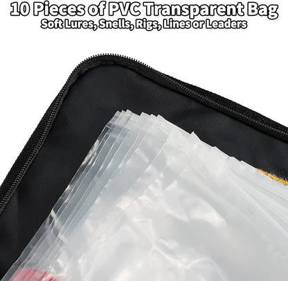 Dr.Fish Soft Bait Binder 10 Pieces PVC Bag Fishing Lure Storage Tackle Wallet Waterproof Heavy Duty Buckle Corrosion Resistant Zipper Worms Snell Hooks Sinkers Rig