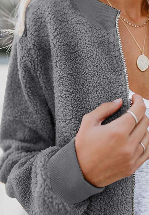 MIROL Women's Fall Trendy Fleece Jacket Faux Sherpa Fuzzy Casual Long Sleeve Zip Up Loose Fit Bomber Winter Coat