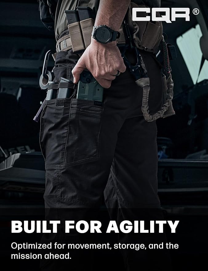 CQR Men's Flex Stretch Tactical Pants, Water Resistant Ripstop Cargo Pants, Lightweight EDC Outdoor Work Hiking Pants