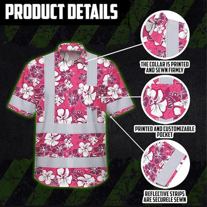 High Visibility Hawaiian Shirt for Men Tropical Shirts Custom Name Floral Outfit Reflective Safety Workwear