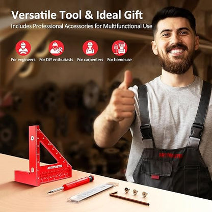3.8＂Mini 3D Multi-Angle Measuring Square Ruler, WT102A High Precision Hole Scribing Woodworking Tools, 0-90° Aluminum Alloy Carpenter Square Wood Working Tools, Carpenter Pencils 6 Refills.