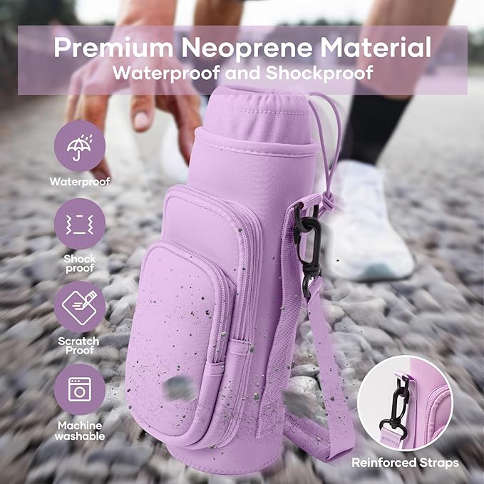 linmaya Water Bottle Carrier Bag, Insulated Water Bottle Bag Fits Stanley IceFlow Owala 16/24/32/40oz Tumbler, Water Bottle Holder with Shoulder Hand Straps, 2 Pockets for Travel, Hiking, Camping