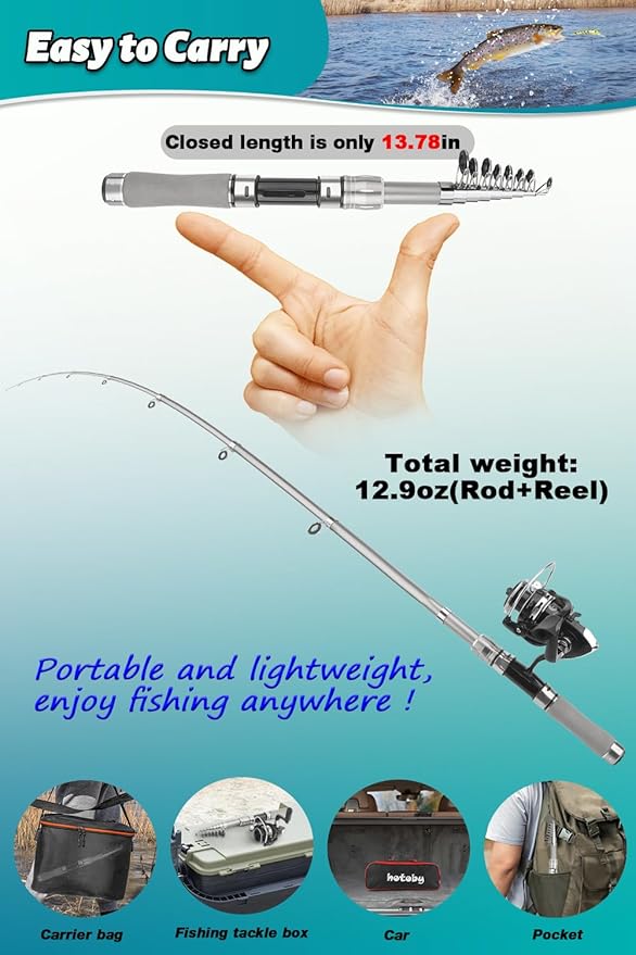 Fishing Pole Combo Set, 2PACK 6.89ft Fishing Rod and Reel Combo, Carbon Fiber Telescopic Fishing Rod Kit with Spinning Reel,Line, Lures, Fishing Pliers, Lip Gripper, Carrier Bag for Beginner Angler