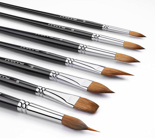 Watercolour Brushes Set, Fuumuui 7PCS Professional Kolinsky Sable Paint Brush with Patented Extended Points Design, Round, Flat, Oval, Mop for Fine Detail, Gouache, Ink, Watercolour Painting