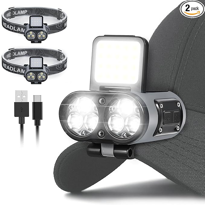 LED Hard Hat Light, 2 pcs 800 Lumen Dimmable Clip on Cap Lights, Headlamp Rechargeable, 180°Adjustable Hands Free Hat Flashlight Headlamp Waterproof for Hiking, Running, Fishing, Cycling, Emergency