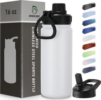 DOMICARE 16 oz Kids Water Bottle for School Stainless Steel Double Wall Vacuum Insulated Water Bottle with Straw lids & Spout Lid, Leakproof BPA Free (White,1)