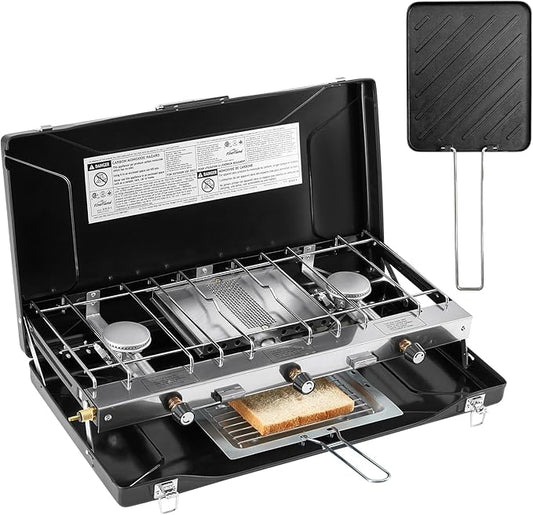 Camping Stove, 3 Burners Propane Portable Camp Stove with Regulator & Griddle, Push-Button Instant Ignition, Portable Camp Grill, Adjustable Burners for Camping Cooking (BLACK-20400 BTUs)