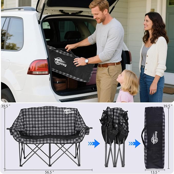 Padded Double Camping Chair Folding Loveseat 2 Person Camp Chair Heavy Duty Lawn Chairs Camping Couch Outdoor Sofa