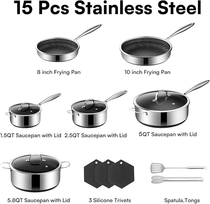 15-Piece 5 Ply Stainless Steel Cookware Set with Lids, Pots and Pans Set Non Stick, Non-Toxic Kitchen Utensils Set for Induction, Oven, Dishwasher Safe, RV Essentials, Kitchen Appliances