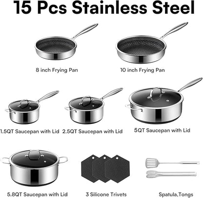 15-Piece 5 Ply Stainless Steel Cookware Set with Lids, Pots and Pans Set Non Stick, Non-Toxic Kitchen Utensils Set for Induction, Oven, Dishwasher Safe, RV Essentials, Kitchen Appliances