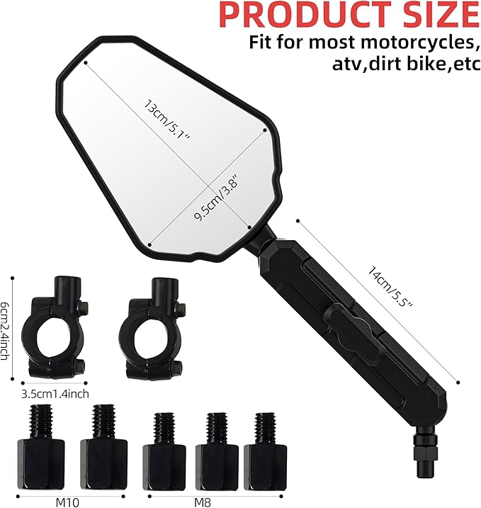 Upgraded Adventure Motorcycle Mirrors, Ball-Head ATV Rear View Mirror No Vibration & Wobble With 8/10MM Screw and 7/8" Handlebar Aluminum Mount Compatible with ATV Dirt Bike and More