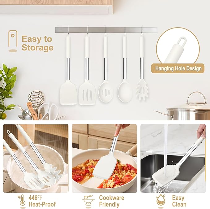 TeamFar Cooking Utensils Set, 5 Pcs Silicone Kitchen Utensils with Stainless Steel Handle, for Nonstick Cookware Flipping Frying Turning Draining, Heatproof & Healthy, Healthy & Easy Clean, White