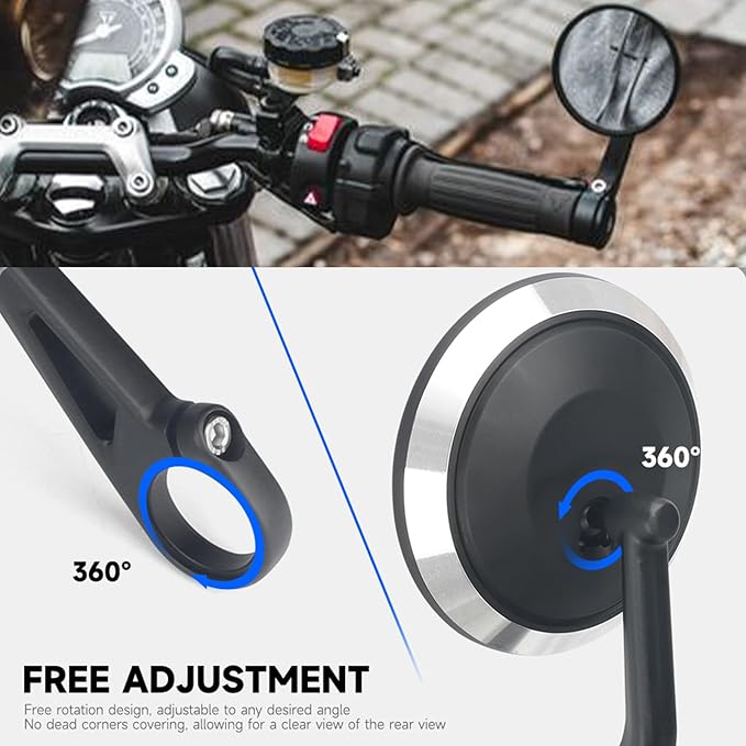 Motorcycle Handlebar Bar End Mirrors, CNC Aluminum 360 Degrees Adjustment Rearview Mirror Fit for Triumph Rocket 3/Street Triple 765RS/Bobber T120/Daytona 660 (Round Bar End Mirror)