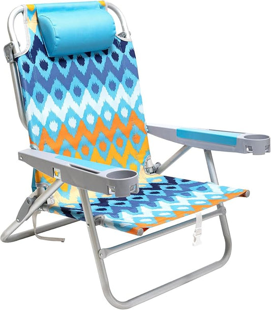 SUNNYFEEL Extra Wide 28" Low Beach Chair 5 Position Lay Flat, XL Oversized Portable Folding Camping Chairs with Cup Holder for Outdoor/Trip, Lightweight Foldable Backpack Beach Chair for Adults