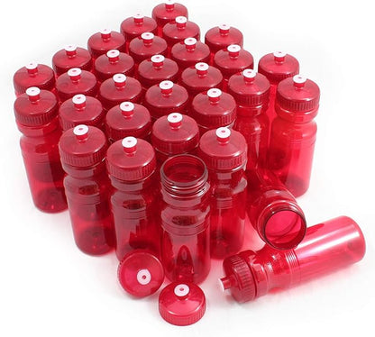 Rolling Sands USA Made 24 Ounce Sports Water Bottles - 30 Pack BPA-Free Blank Plastic Bottles for Teams, Gyms & Studios - Translucent Red Bottle/Red Lid