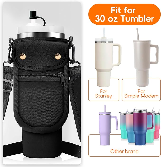 Water Bottle Carrier Bag with Phone Pocket for Stanley 40/30 oz Tumbler Neoprene Insulated Mug Sleeve Pouch with 2 Pockets & Adjustable Strap & Straw Cover for Stanley Cup Accessories