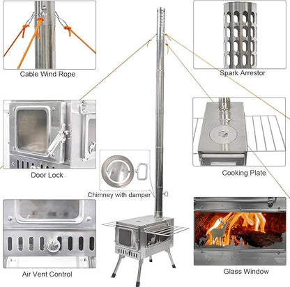 Outdoor Wood Burning Stove, Portable with Chimney Pipe for Cooking, Camping, Tent, Hiking, Fishing, Backpacking