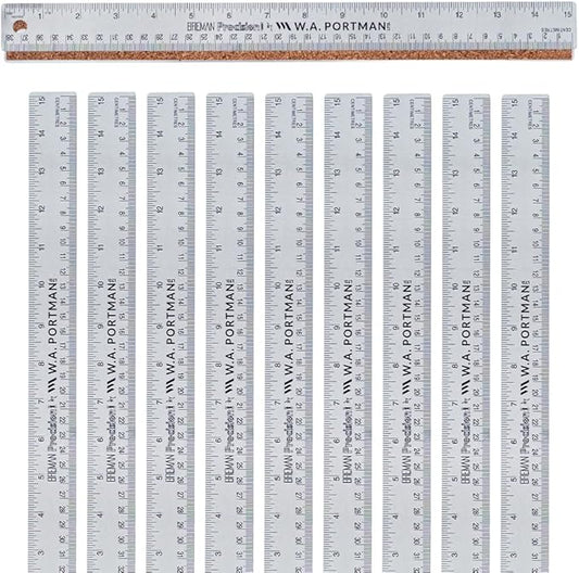 Breman Precision Metal Ruler 15 Inch Cork Back – 10 Pk Stainless Steel Straight Edge, Flexible Non-Slip Metal Ruler with Cork Backing – Imperial & Metric for Crafting, School, Workshop & Home Use