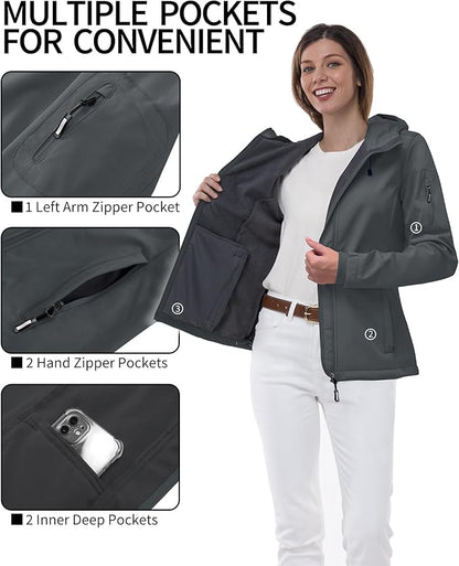 Outdoor Ventures Women's Softshell Jacket with Hood Fleece Lined Warm Lightweight Waterproof Insulated Windbreaker