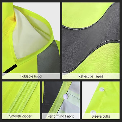 High Visibility Rain Suit and Pants, High Vis Rain Suit for Men, Waterproof Rain Jacket with Hood, Class 3 Lightweight Hi Vis Rain Gear for Outdoor& Safety Work, Men Women, Yellow B, 4XL-5XL