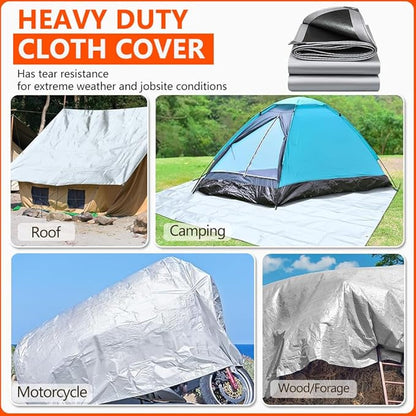10x20Ft Tarps 16 MIL Heavy Duty Thick Waterproof Poly Tarp, UV Resistant&Tear Multipurpose Protective Cover w/Grommets and Reinforced Edges for Camping, Tent, Boat, RV, Car Silver&Black