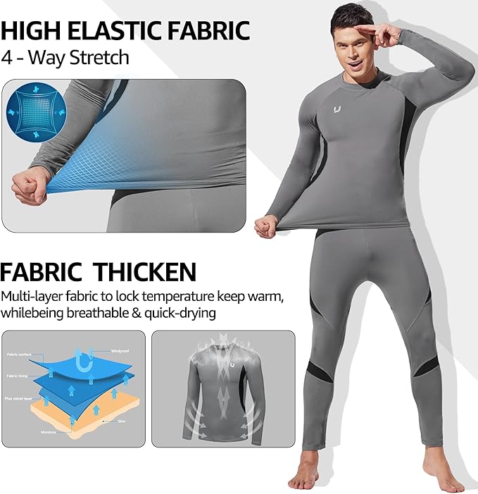 UNIQUEBELLA Men's Thermal Underwear Sets Top & Long Johns Fleece Sweat Quick Drying Thermo Base Layer