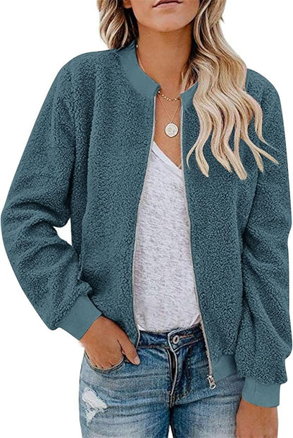MIROL Women's Fall Trendy Fleece Jacket Faux Sherpa Fuzzy Casual Long Sleeve Zip Up Loose Fit Bomber Winter Coat