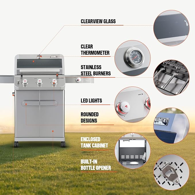 Monument Grills 3+1 Outdoor Barbecue Stainless Steel Propane Gas Grill, 3 Burners & 1 Side Burner 48,000 BTU Patio Garden Grill with Knob Controls, Mesa305