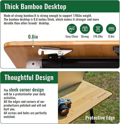 KingCamp Bamboo Folding Table, 4-Fold Camping Adjustable Height Portable Outdoor Lightweight & Compact Table with Aluminum Frame for RV Picnic BBQ Tailgating