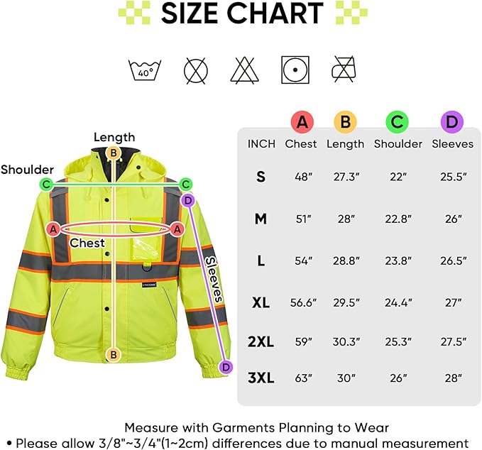 TICONN Waterproof Safety Bomber Jacket, Hi Vis Reflective Rain Jacket, ANSI Class 3 Work Rain Coat for Men Women